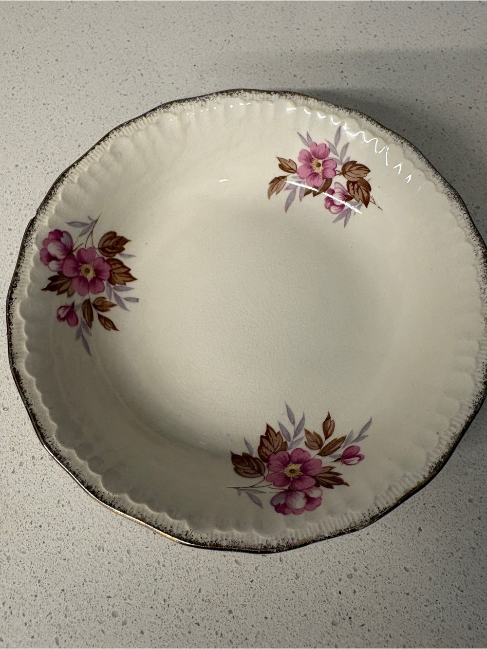 Vintage Staffordshire Bowl with Pink Floral Design & Gold Rim